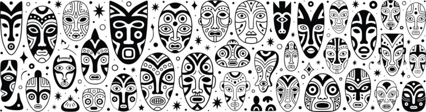 Black and white tribal masks and decorative seamless pattern african mask