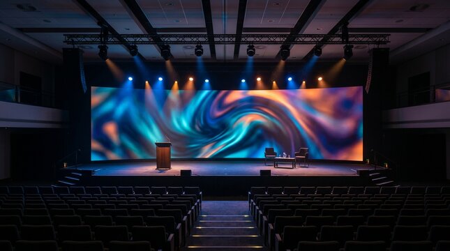 Empty modern conference hall stage with large abstract digital screen