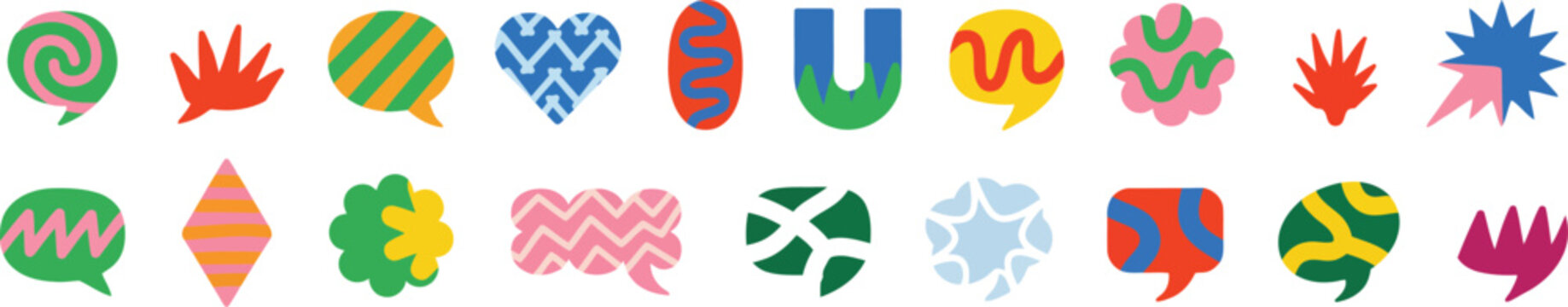 Collection of abstract speech bubble shapes with colorful patterns and solid colors