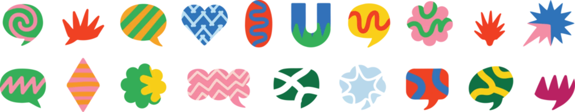 Collection of abstract speech bubble shapes with colorful patterns and solid colors
