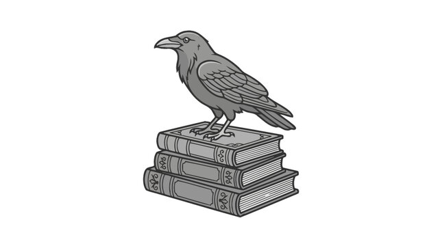 Raven perched atop stack of three books illustration