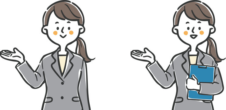 スーツを着た女性社員2が案内しているイラスト　上半身　ベクター