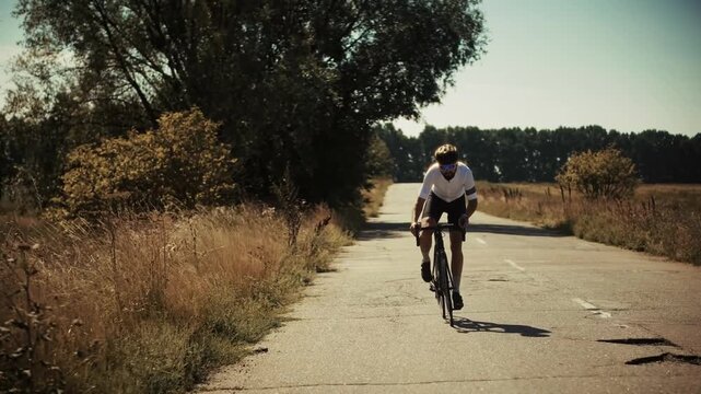 Riding Road Bicycle On Asphalt Countryside Highway. Athletic Person Training