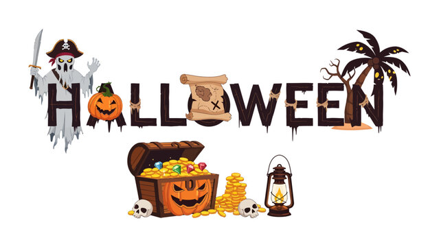 Image 4: Halloween Treasure Trove: A whimsical illustration depicting Halloween symbols including a ghostly pirate, jack-o'-lanterns, a treasure chest overflowing with gold coins and jewels, and a pirate map.