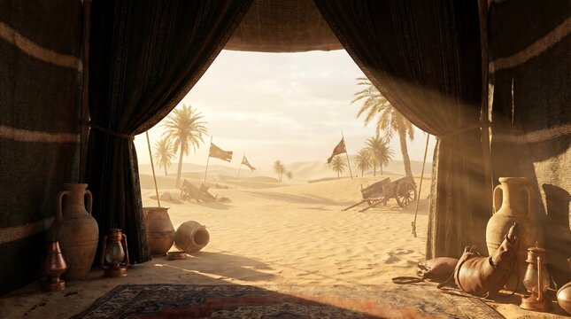 Lonely tent in the Karbala desert at sunset, golden sky, blowing sand, black flag, emotional atmosphere, cinematic lighting, ultra detailed.