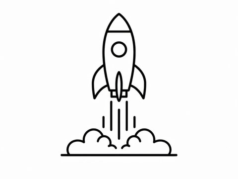 Simple line art icon of a rocket ship launching with smoke trails for business growth