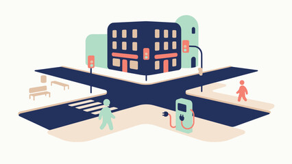 Fototapeta premium Stylized vector illustration of a modern city intersection featuring colorful buildings and electric vehicle charging stations