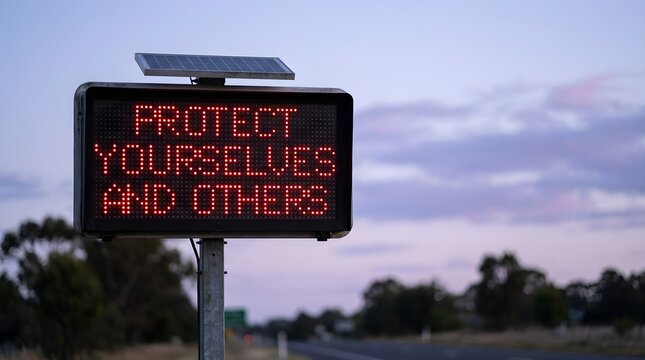 Roadside LED sign at dusk displaying a vital public health message: 'Protect Yourselves and Others'