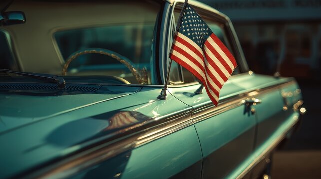 Classic American Car with Flag Emblem Celebrating Heritage