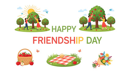 Fototapeta premium Happy Friendship Day Illustrations: A collection of vibrant illustrations celebrating friendship, featuring friends picking apples, enjoying a picnic, and exchanging gifts amidst a cheerful.