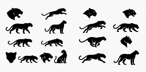 Fototapeta premium Black panther and leopard silhouettes in various poses including running, jumping, and standing, ideal for logo or mascot designs.