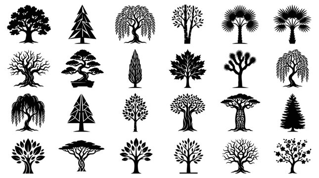 Premium Tree Silhouette Vector Collection Elegant Nature Botanical Icons Bundle for Logo Design, Branding, Cricut Projects, Laser Cutting, SVG, PNG, Clipart, and Commercial Use