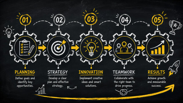 Five step business process infographic with gear icons on a black chalkboard background