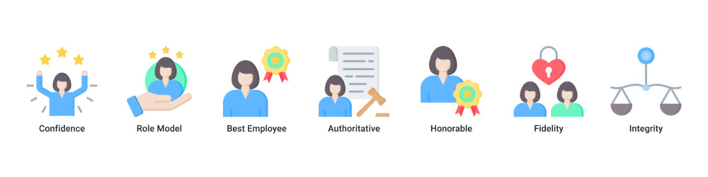 Leadership Trust web banner icon vector illustration with icons of Confidence, Role Model, Best Employee, Authoritative, Honorable, Fidelity and Integrity
