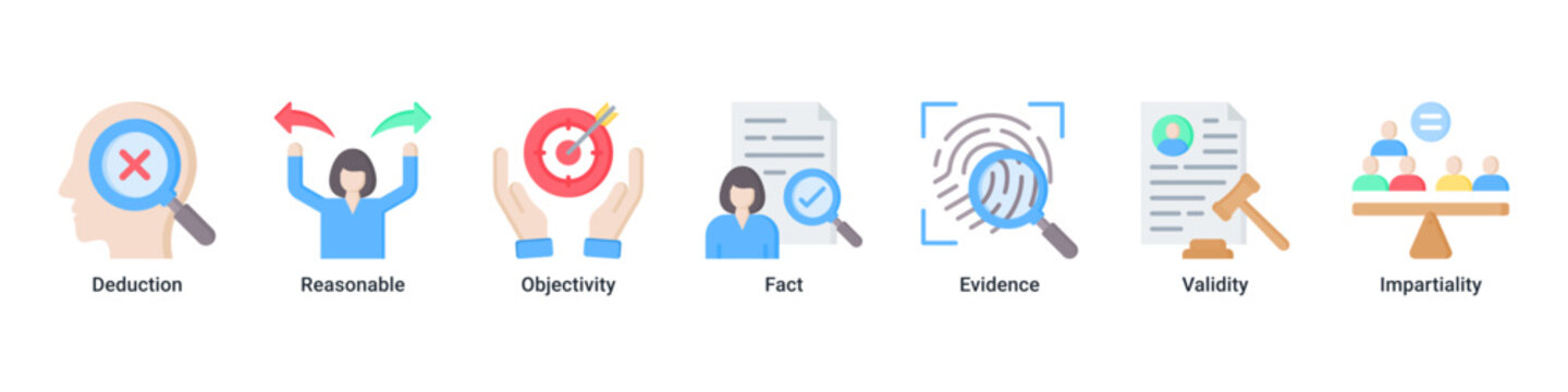 Logical Judgment web banner icon vector illustration with icons of Deduction, Reasonable, Objectivity, Fact, Evidence, Validity and Impartiality