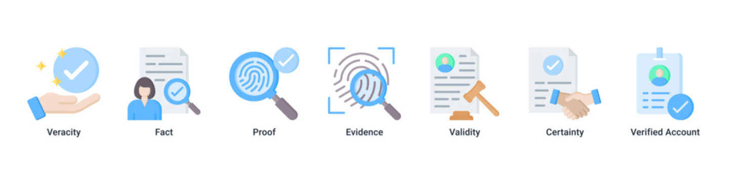 Verified Facts web banner icon vector illustration with icons of Veracity, Fact, Proof, Evidence, Validity, Certainty and Verified Account