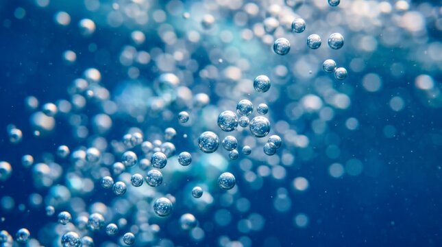 Abstract underwater bubbles rising in clear blue water with bokeh effect.