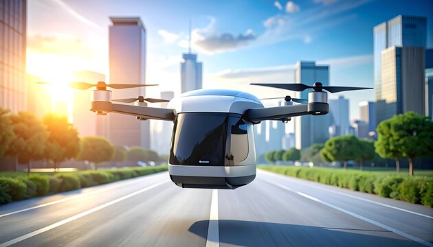 A futuristic drone vehicle flies down an empty city road