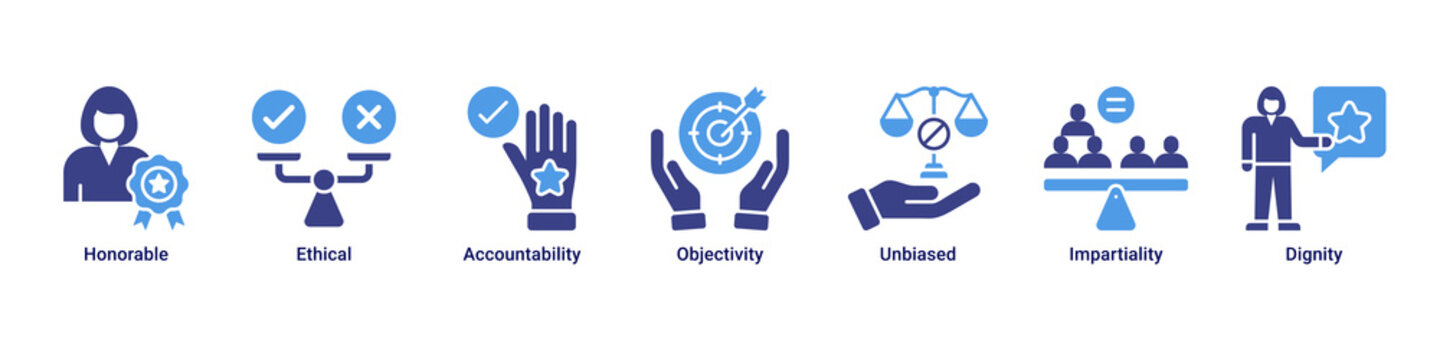 Ethical Standards web banner icon vector illustration with icons of Honorable, Ethical, Accountability, Objectivity, Unbiased, Impartiality and Dignity