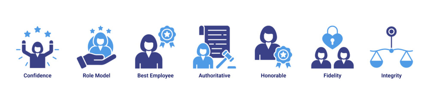 Leadership Trust web banner icon vector illustration with icons of Confidence, Role Model, Best Employee, Authoritative, Honorable, Fidelity and Integrity