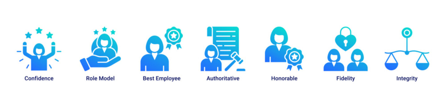 Leadership Trust web banner icon vector illustration with icons of Confidence, Role Model, Best Employee, Authoritative, Honorable, Fidelity and Integrity