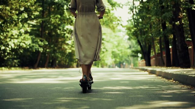 Woman Riding Electric Scooter On Asphalt Road In Park. Eco Friendly Urban Transportation. Modern City Lifestyle 