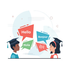 A cartoon of two graduates communicating in different languages © Jeremy