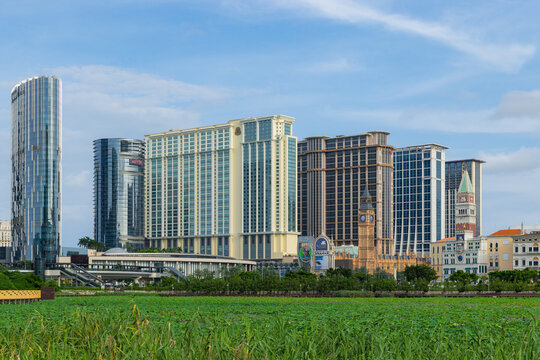 Modern architecture of cotai strip skyline in macao under blue sky