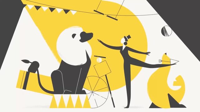 Circus Show Tamer Training a Huge Lion on Stage with Flashlights Performance Animation