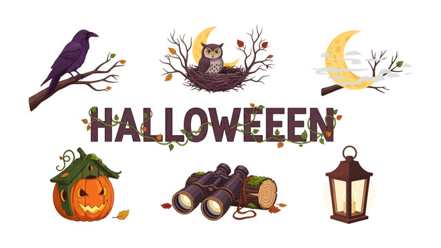 Halloween Elements Collection: A whimsical assembly of iconic Halloween imagery, including a crow on a branch, an owl in a nest under a crescent moon, a spooky jack-o'-lantern, a vintage lantern.