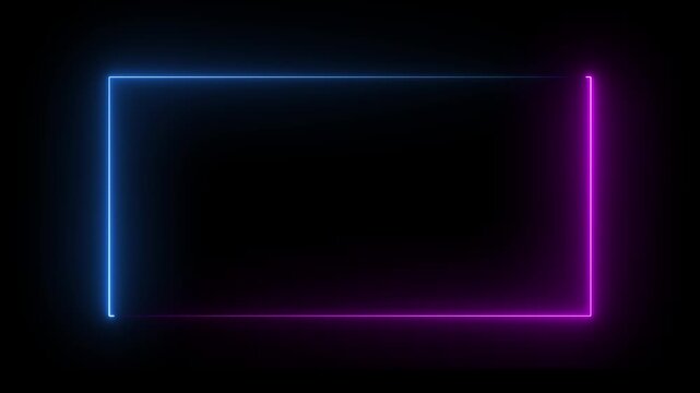 Animation of glowing neon rectangles black background. abstract glowing neon rectangle border frame. Square rectangle picture frame with two tone blue and pink color motion graphic.