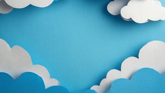 Paper cut clouds frame a bright blue sky background with copy space.