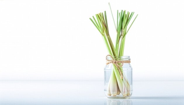 Fresh Lemongrass Stalks in Glass Jar Tied with Twine on White Background