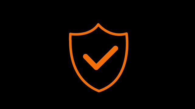 Trusted security icon in trendy flat style. Highest security symbol. Motion graphics of security check mark concept. Orange color icon on black background. 