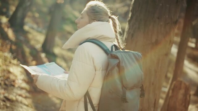 Hiker Holding Paper Map Looking Away In Autumn Forest. Traveler  Searching Destination Route. Navigation 