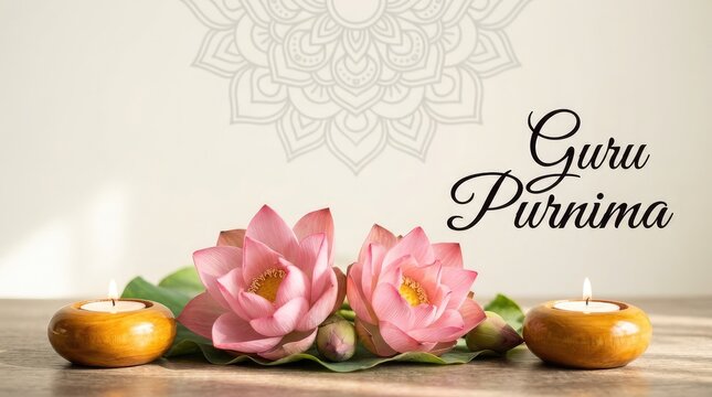 Elegant guru purnima celebration cream banner design featuring pink lotus flowers mandala geometry and traditional lit oil lamps