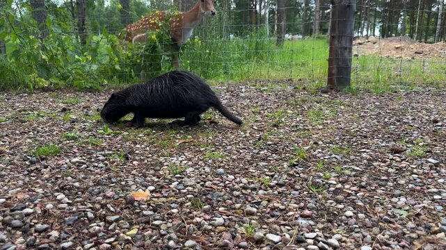 A black nutria feeds on gravel in a zoo enclosure, a close-up of the semi-aquatic rodent
