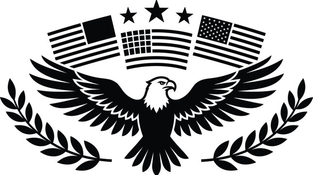 Black and white stencil featuring a bald eagle with wings spread wide flanked by laurel leaf branches and three american flags topped with three stars in a symmetrical patriotic composition