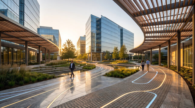 Modern Innovation District with Sustainable Office Architecture at Sunrise