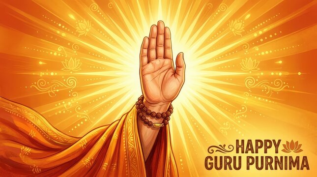 Happy guru purnima majestic banner featuring giant divine blessing hand gesture on glowing golden sunburst ray background template