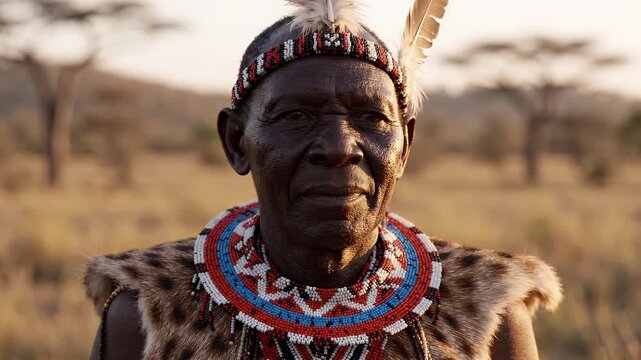 Proud Senior African Man From Traditional Tribe Wearing Cultural Beaded Necklace Standing In Savannah For Indigenous Heritage And Ethnic Diversity Concept