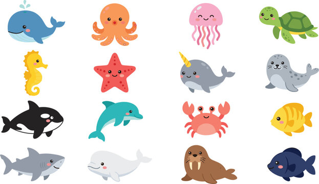Cute sea animals vector illustration set with cartoon whale octopus turtle dolphin and shark in kawaii style