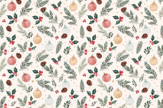 Winter holiday seamless pattern with watercolor pine branches, holly berries, red and gold baubles, and pinecones on a light cream background