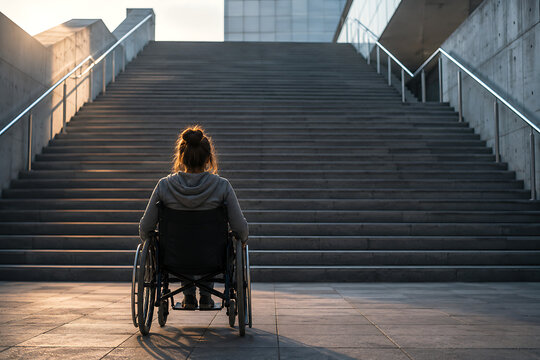 Woman in wheelchair facing inaccessible stairs &ndash; accessibility barrier concept