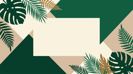Tropical botanical frame with monstera leaves and gold fern foliage surrounding a minimalist blank rectangle for copy space © The blitz