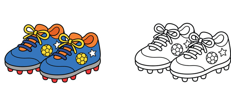 Cartoon soccer cleats coloring page vector illustration with colored example and black and white line art of kids football boots for activity book