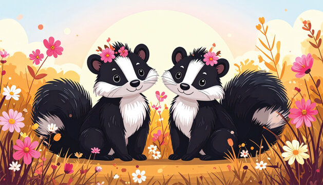 Two cute skunks with flower crowns.