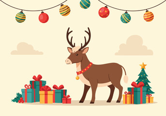A cartoon reindeer stands among Christmas gifts and tree © Jeremy