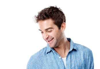 Obraz premium Man, laugh and thinking in studio with joke, mock up space and remember on white background. Person, smile and perspective with funny memory, fashion and inspiration with reflection for nostalgia