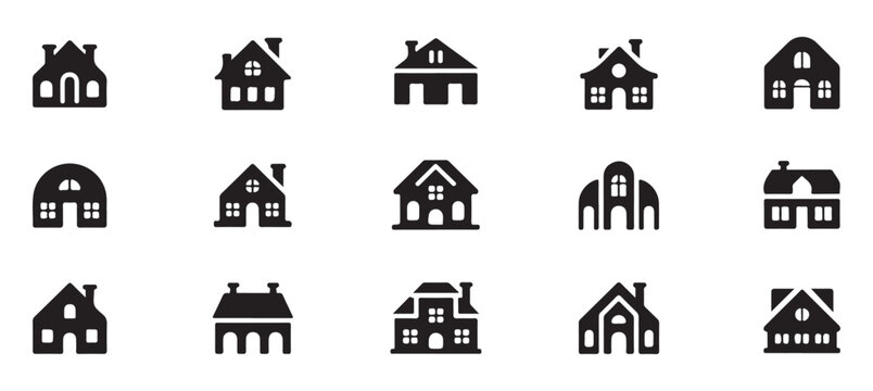 Small house silhouette icons collection set of diverse building shapes for city map and infographics.